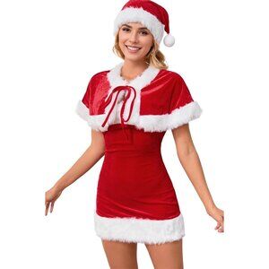 Womens Sexy Christmas Outfit with Cape 3 Piece Mini Santa Dress for Holiday